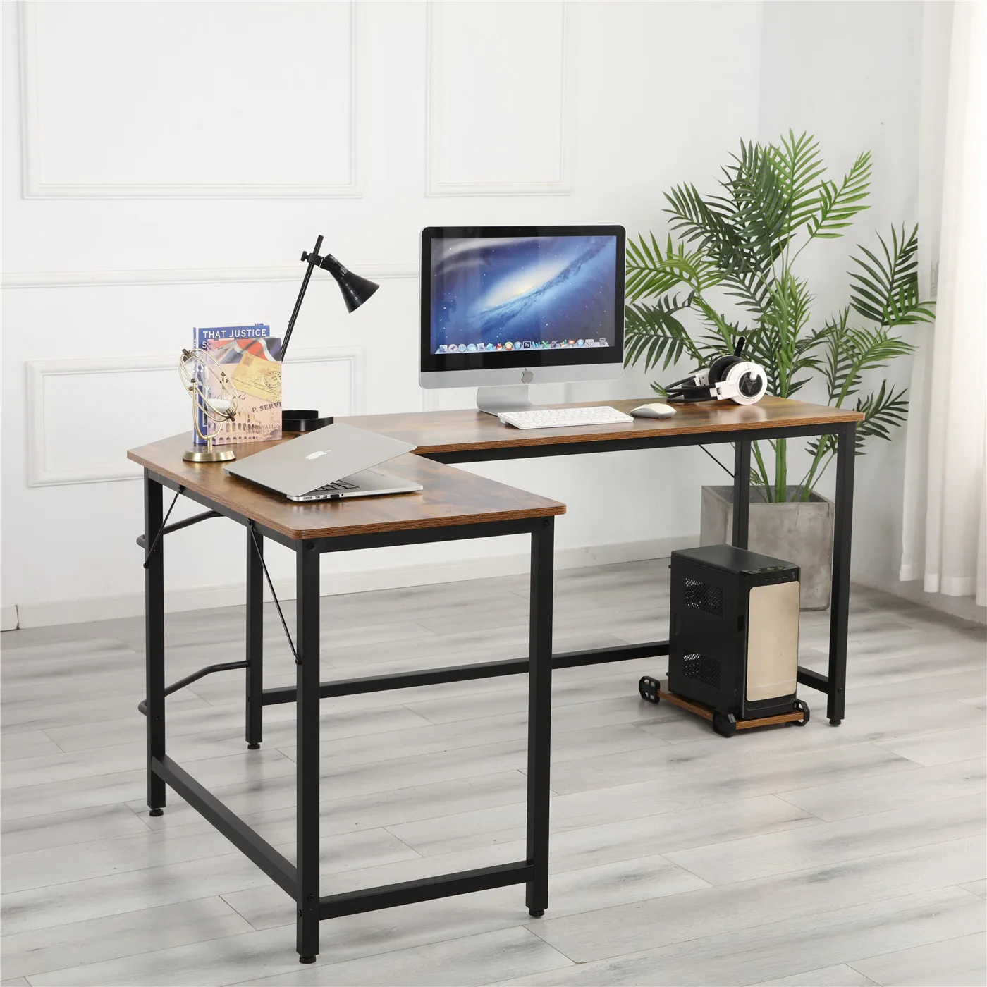 

US Warehouse L-Shaped Desktop Computer Desk Computer Table PC Desk Rotating Corner Desk & Modern Office Study Workstation Brown