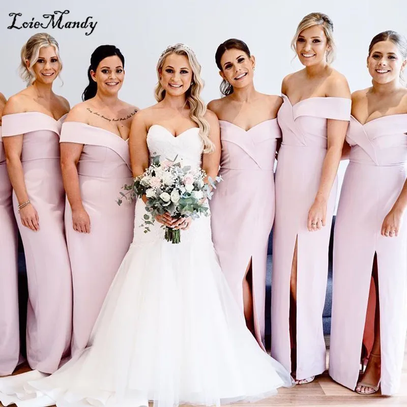 

Pink Mermaid Long Bridesmaid Dresses 2022 Off Shoulder Cheap Maid Of Honor Dress With Split Wedding Party Gowns Custom Made