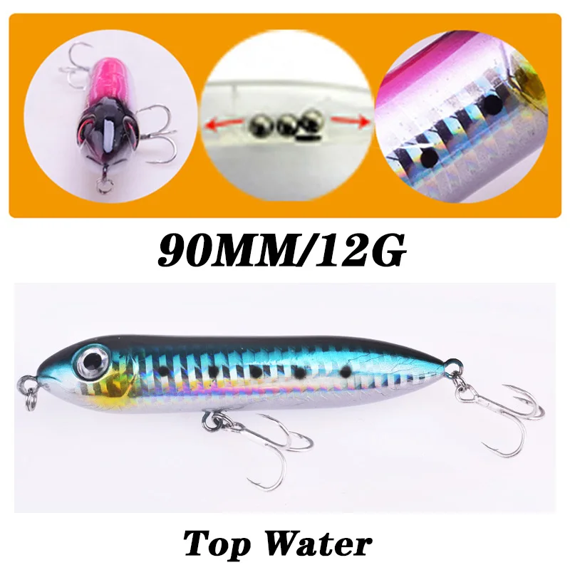 WDAIREN Top water Pencil Fishing Lures 90mm 12g Long Casting Floating Hard Baits Good Action Bullet Popper Wobblers Tackle