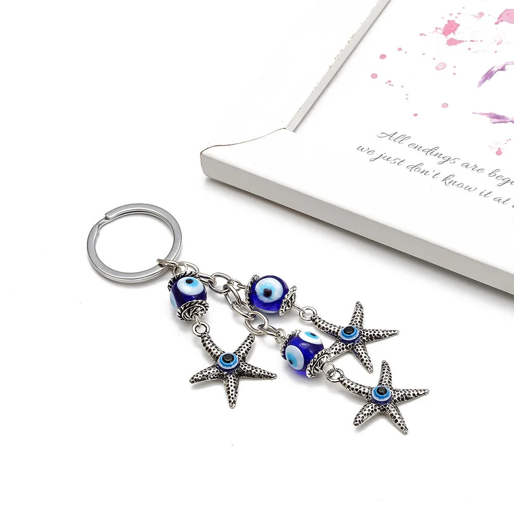 1pc Lucky Evil Eye Charms Keychain Starfish Pendent Tassel Key Chain Men Women Fashion Jewelry Car Key Chain