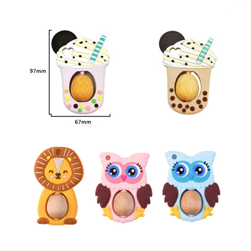 BPA Free Silicone Owl with Wooden Bead Teether Food Grade Tiny Rod DIY Teething Necklace Baby Shower Gifts Cartoon Teether