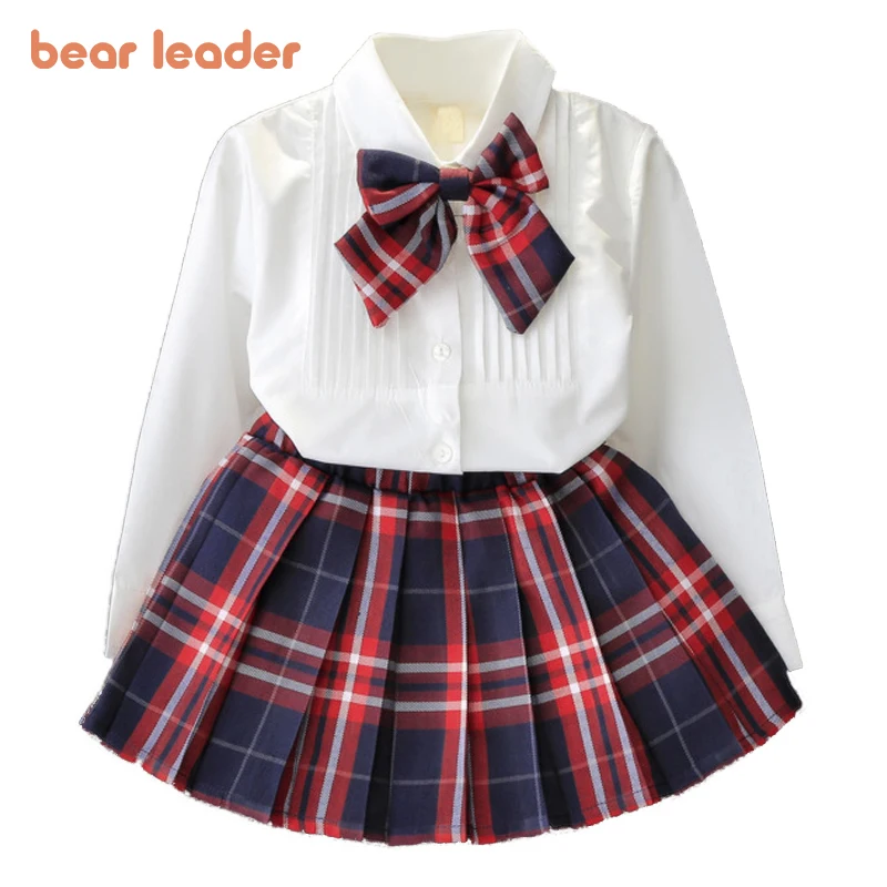 Bear Leader – robe de princesse pour filles, uniformes de classe, T-shirt à nœud + robe à carreaux, vêtements de Costume pour enfants, 2 pièces, nouvelle collection