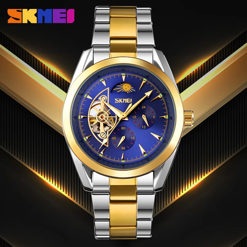 SKMEI Stainless Steel Men Mechanical Watch Luxury Business Original Design Skeleton Hollow Automatic Wristwatches Heren Horloge