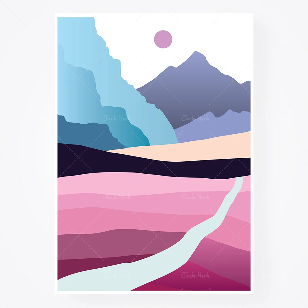 Abstract Scandinavian Nordic Prints on Canvas or Paper, Landscape Moon Mountain, Sunset Sunrise Panorama, Modern Minimalist Set