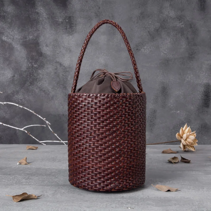 Bucket bag ethnic style round bucket bag Vintage Tote Bag Cowhide hollow woven bag Genuine Leather Women Shoulder Bag woven