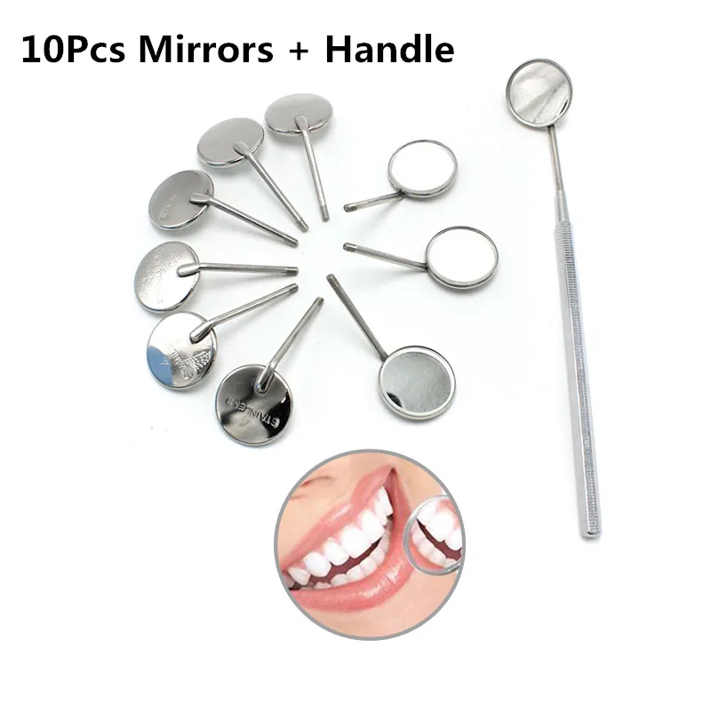 10Pcs Mirror + Handle Dental Mirror Stainless Steel Mouth Mirror Dental Hygiene Kit Instrument Dental Reflector Dentist Tools