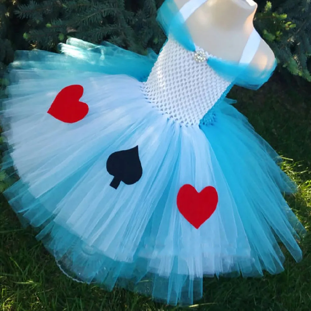 Girls Blue White Alice Princess Tutu Dress Kids Crochet Dress with Strap and Red Heart Kids Birthday Party Cartoon Costume Dress