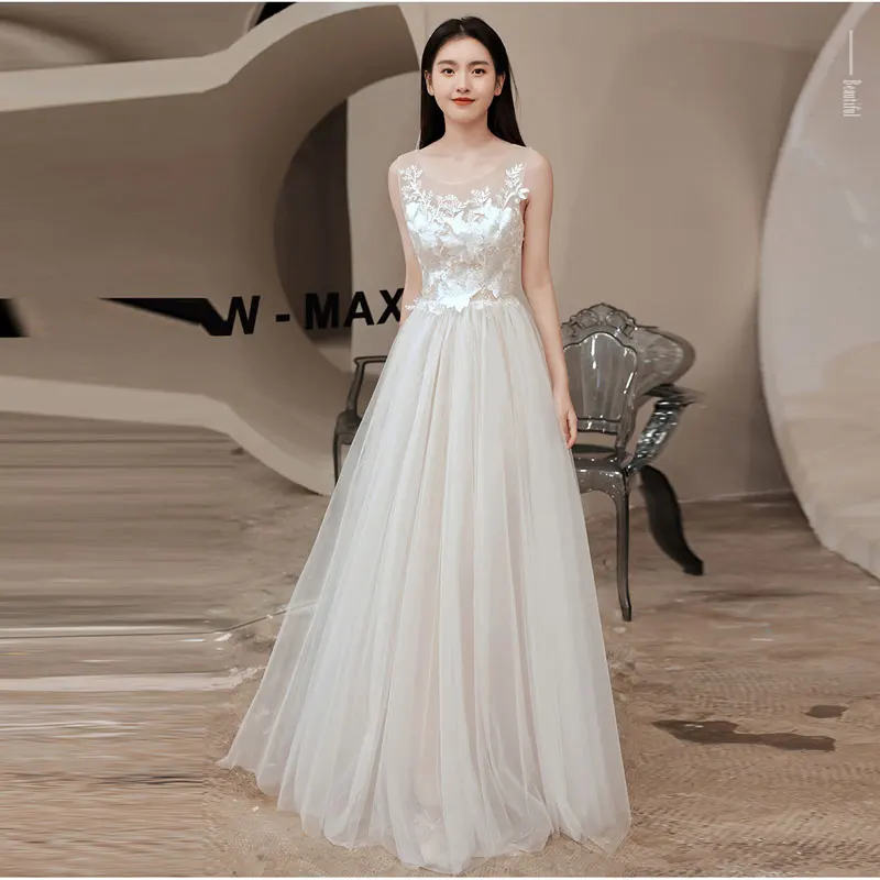 AE0040 Phong Cách Mới Ren Appliques Cổ Tròn Váy Áo Платья Cô Dâu Váy Áo Dây De Mariée Đầm Vestido De Noiva Chữ A Tầng Chiều Dài