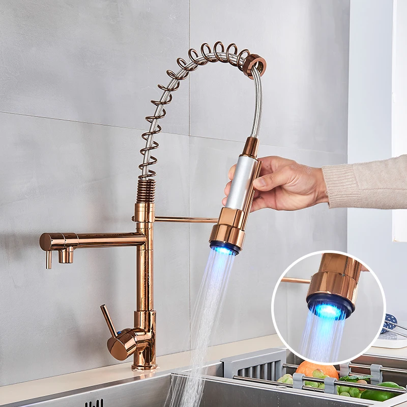 

Hot Cold Water Mixer Taps LED Light Kitchen Faucet Rose Gold LED Pull Down Spring Kitchen Faucets Dual Swivel Spout Crane