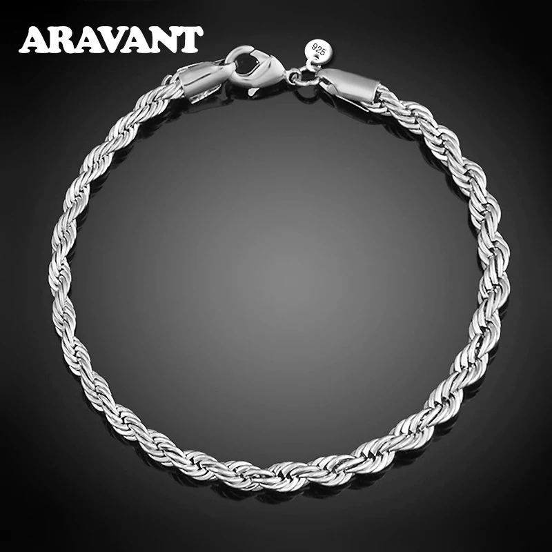 

925 Silver 4MM Twisted Bracelets Chain For Women Fashion Jewelry