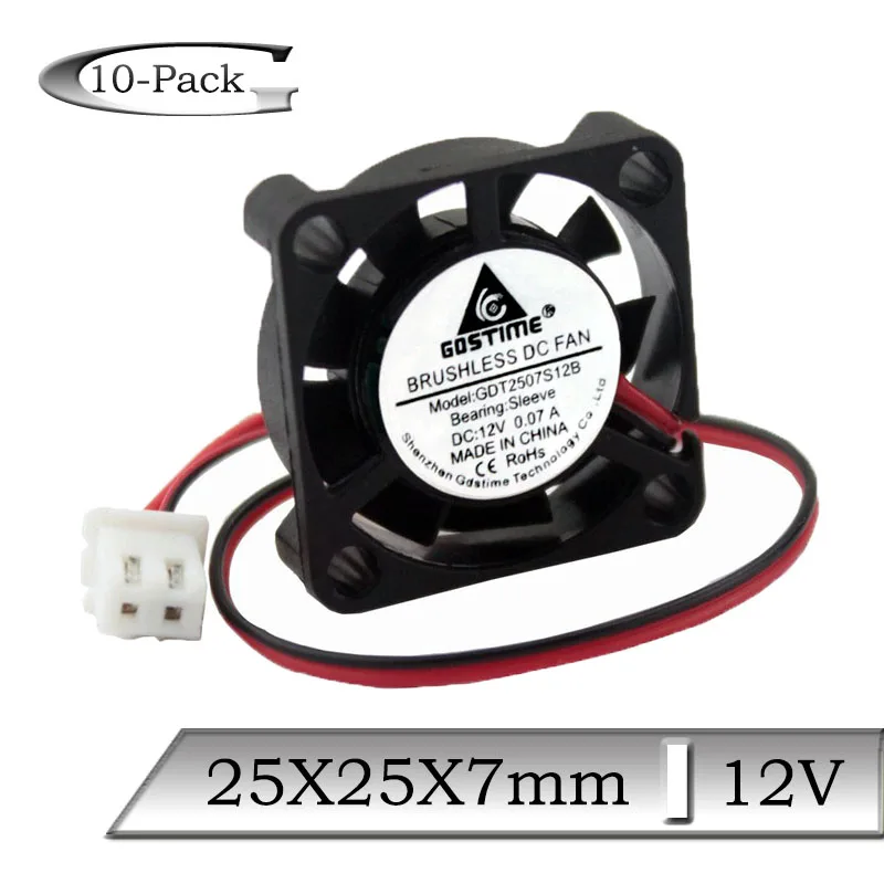 

10 Pcs Gdstime 12V 25x25x7mm 25mm 9 Blades Mini 2Pin 3D Printer Cooling Fan 2507 2.5cm Brushless DC Exhaust Cooler Radiator