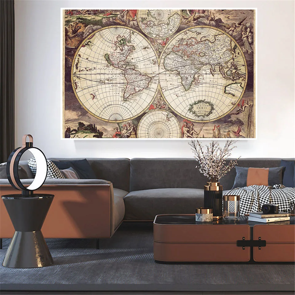 Mapa del mundo Vintage de 150x100cm, pintura en lienzo no tejido, póster de arte latino Medieval, decoración del hogar para sala de estar, suministros escolares