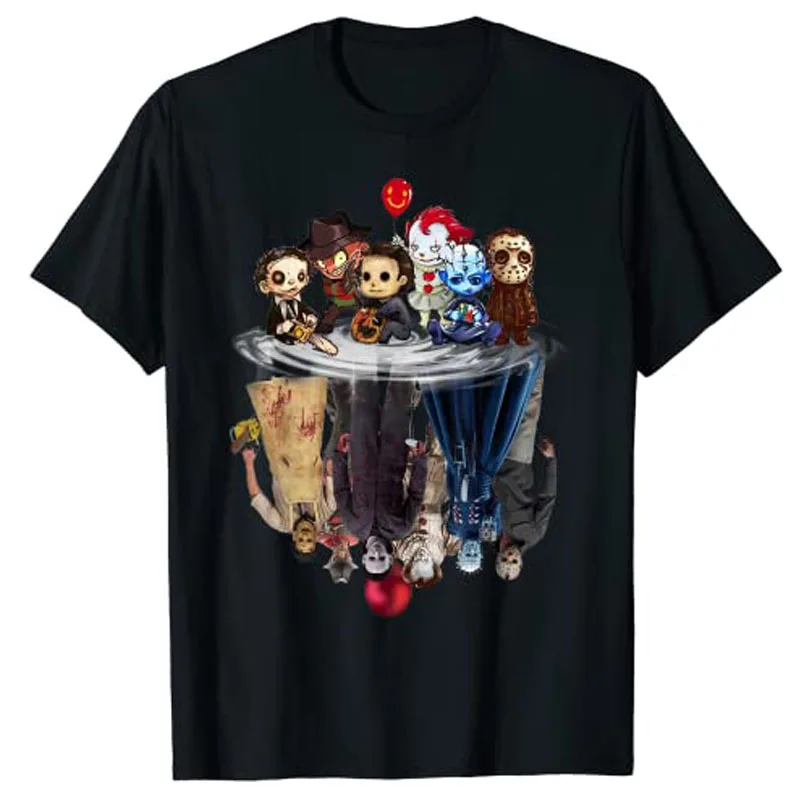 Cute Horror Movie Chibi Character Water Reflection Halloween T-Shirt Graphic Tees Oversized T Shirt Graphic Gift