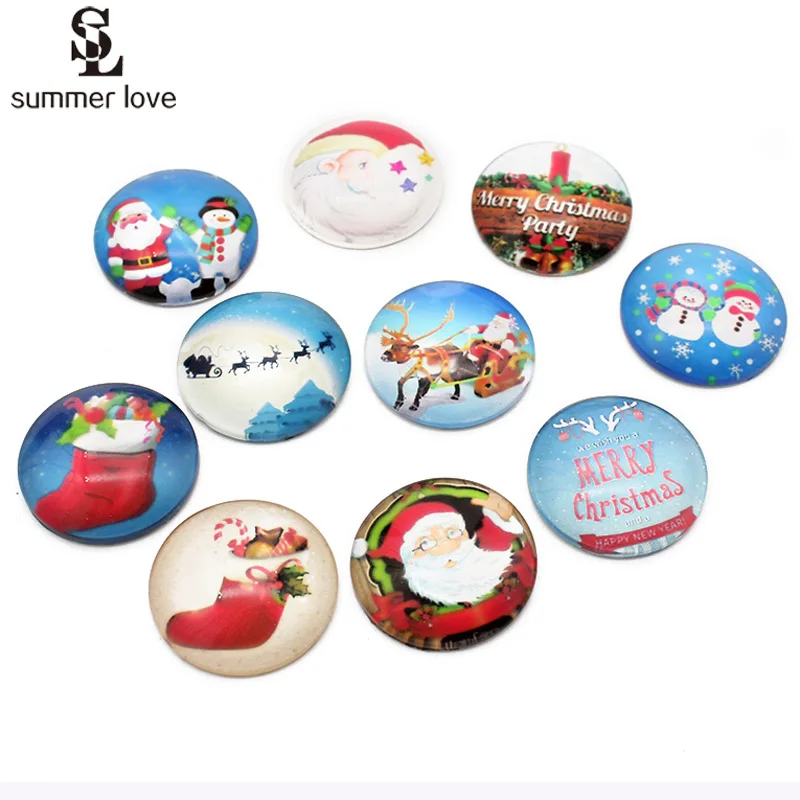 10Pcs Mixed Big Christmas Glass Cabochon Santa Claus Snowman Cameo Pendant Settings For Making DIY Jewelry Findings 25mm