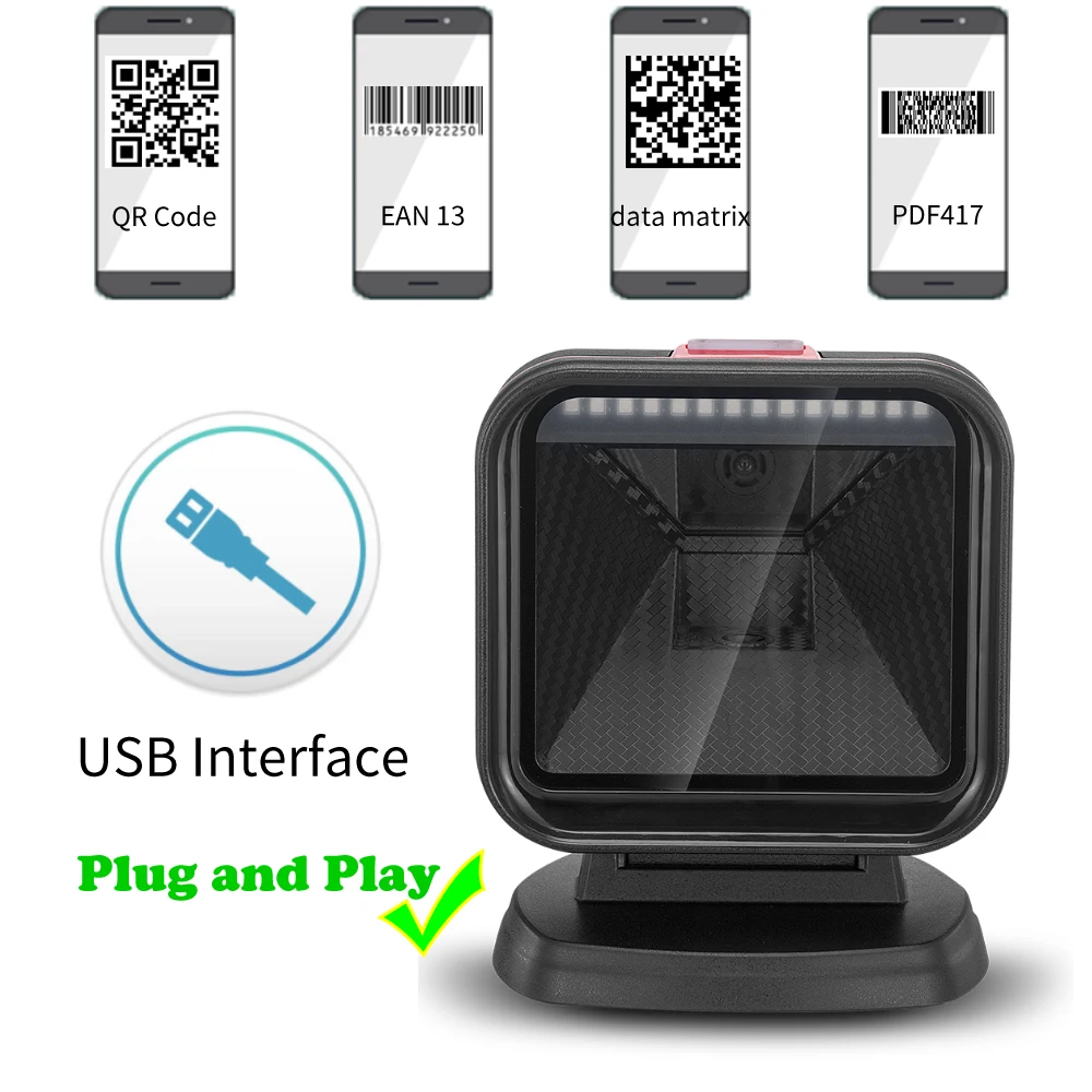 EV-J08 CHEAPEST 1D barcode scanner 2D Omnidirectional Barcode Scanner QR Code Desktop Barcode Reader for Supermarket Auto Sense