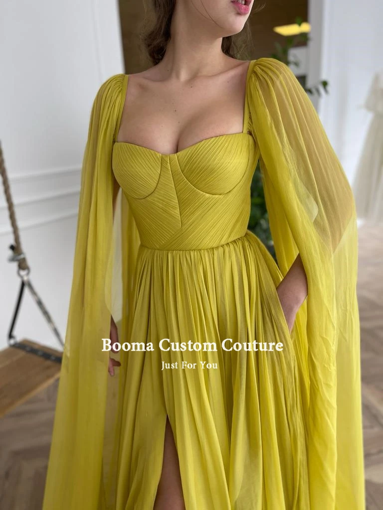 Booma elegante amarelo chiffon vestidos de baile longo cabo lado fenda a linha vestidos de noite watteau trem plissado vestidos de festa de casamento