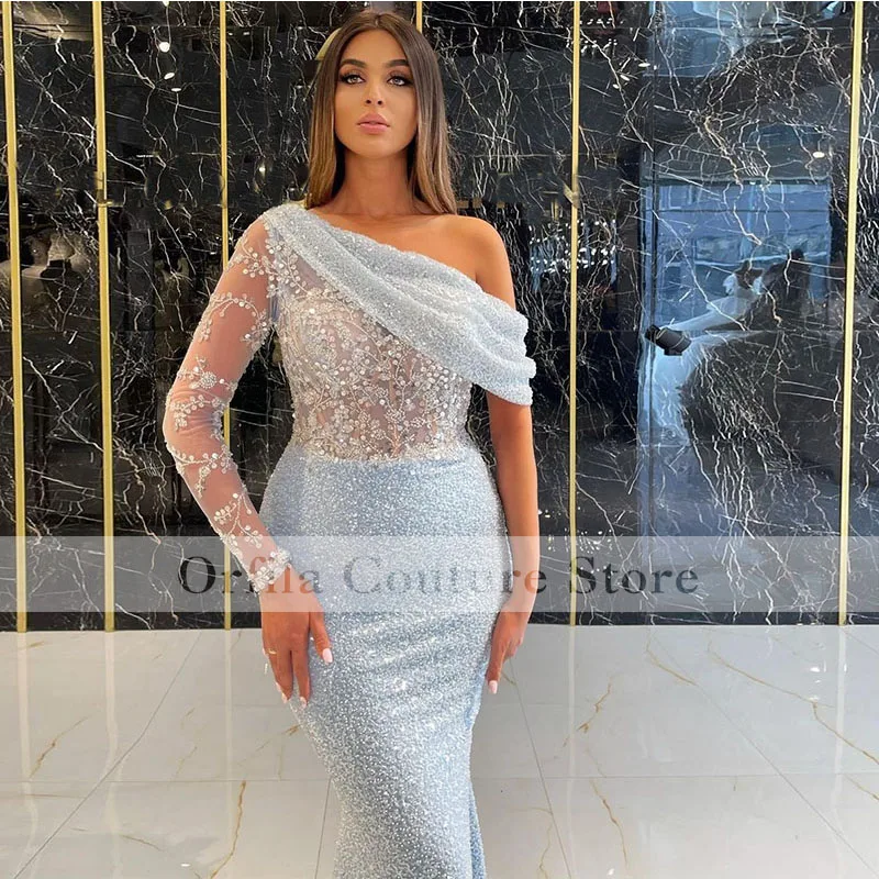 Chính Thức Phụ Nữ Trang Phục Dạ Hội Nàng Tiên Cá 1 Vai Kim Sa Lấp Lánh Vestidos Vũ Hội Đồ Bầu 2021 Áo Dây De Soirée Femme