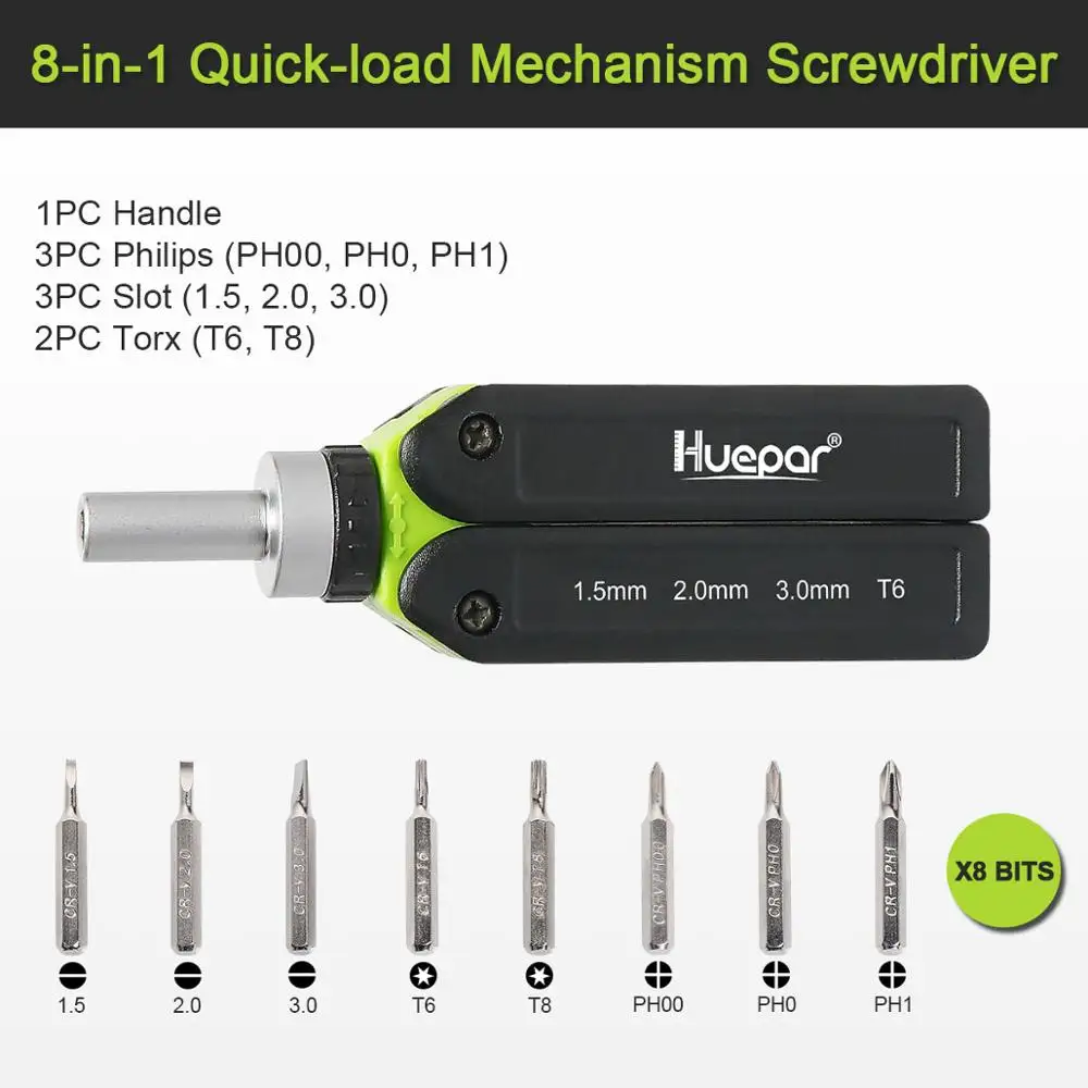 Imagem -03 - Huepar Multi-bit Catraca Precisão Chave de Fenda Conjunto 8-em1 Mecanismo de Carga Rápida Kit Chave de Fenda Ferramenta de Reparo Dobrável para Telefones pc