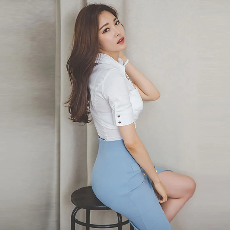 Korean Formal 2 Pieces Outfits Elegant Lady Women Summer Casual Simple White Short Sleeve Tops Shirt Blue Pencil Skirt Slim Sets