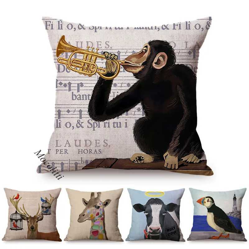 Cartoon Animal Pattern Sofa Pillow Case Pastel Painting Funny Monkey Rabbit Deer Cow Giraffe Kid's Room Decoration Cushion Cover