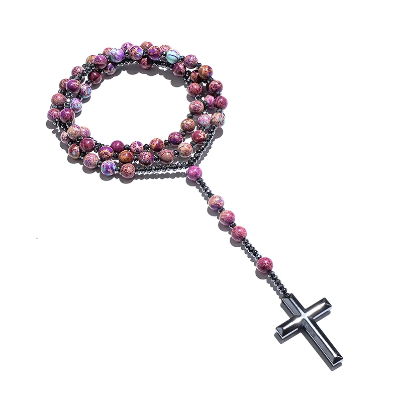 Natural Purple Emperor Jasper Catholic Christ Hematite Cross Pendant Necklace Meditation Mala Beads Rosary Men and Women Jewelry