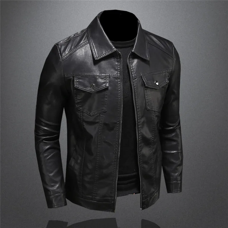 Men\'s Motorcycle Leather Jacket Large Size Pocket Black Zipper Lapel Slim Fit Male Spring and Autumn High Quality Pu Coat M-5Xl