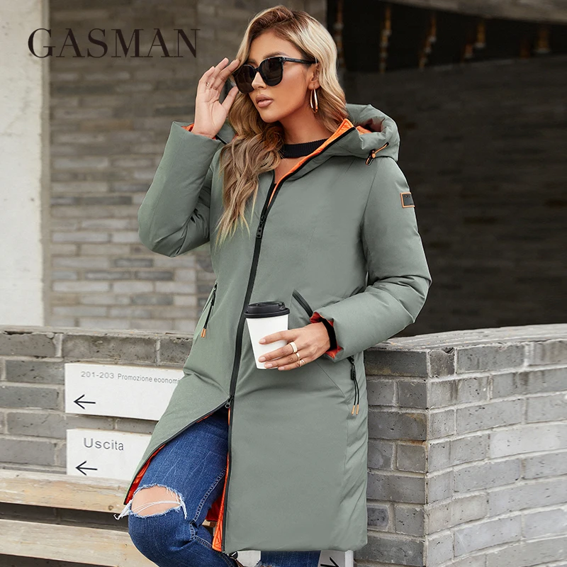 GASMAN 2022 New women\'s down jackets Long fashion Casual contrast Coat women winter Drawstring warm windproof parka brand M-210