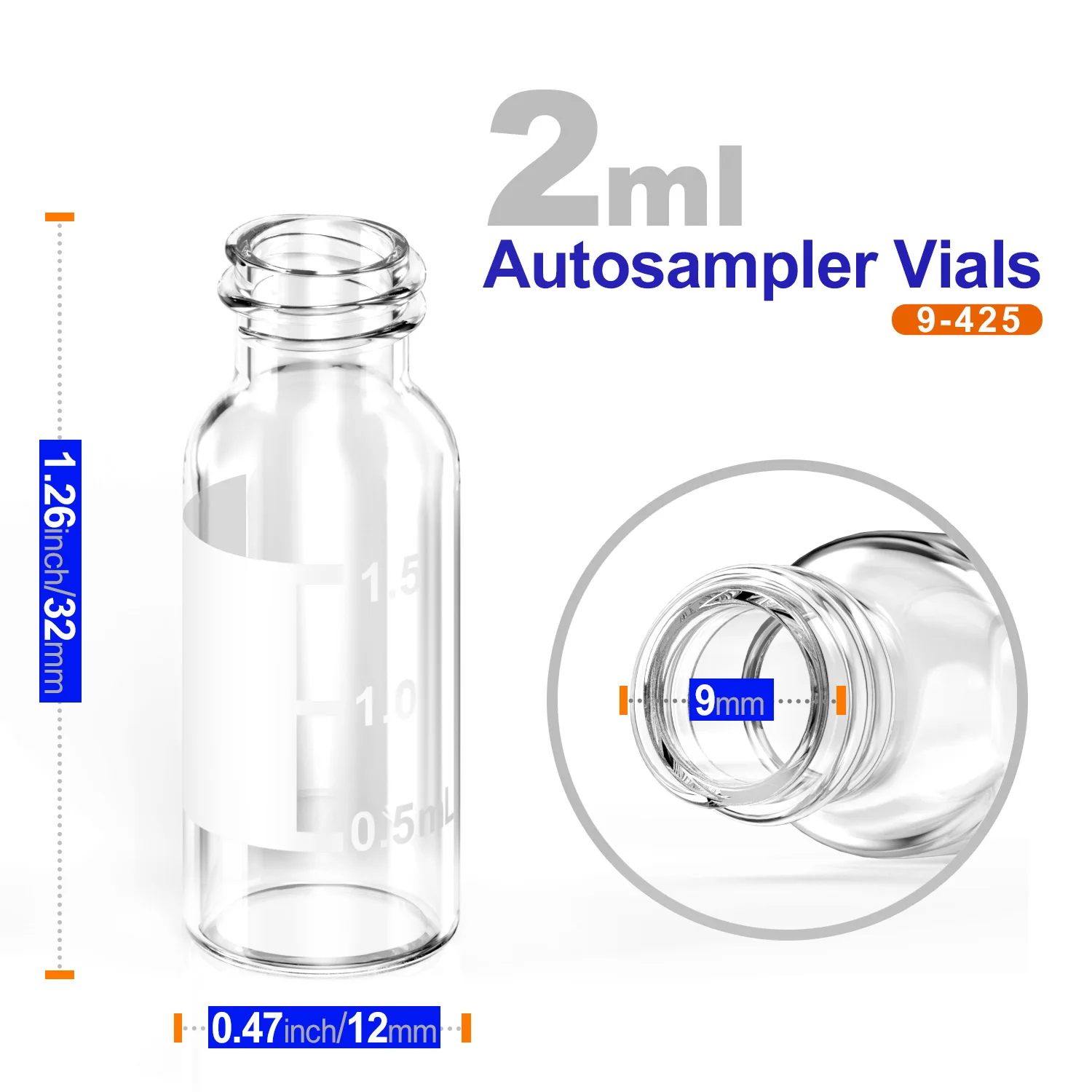 Autosampler 2ml HPLC 9-425 Clear glass vial Bottles with Write-on Spot and 9mm ABS Screw Caps, 100Pcs by Ks-Tek