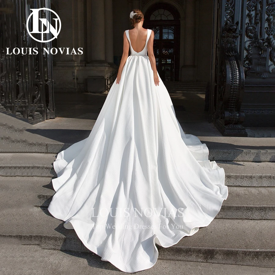 LOUIS NOVIAS Satin Wedding Dresses With CRYSTAL Belt 2024 Classy Deep V-neck Backless Wedding Gown Vestidos Novias De Saten