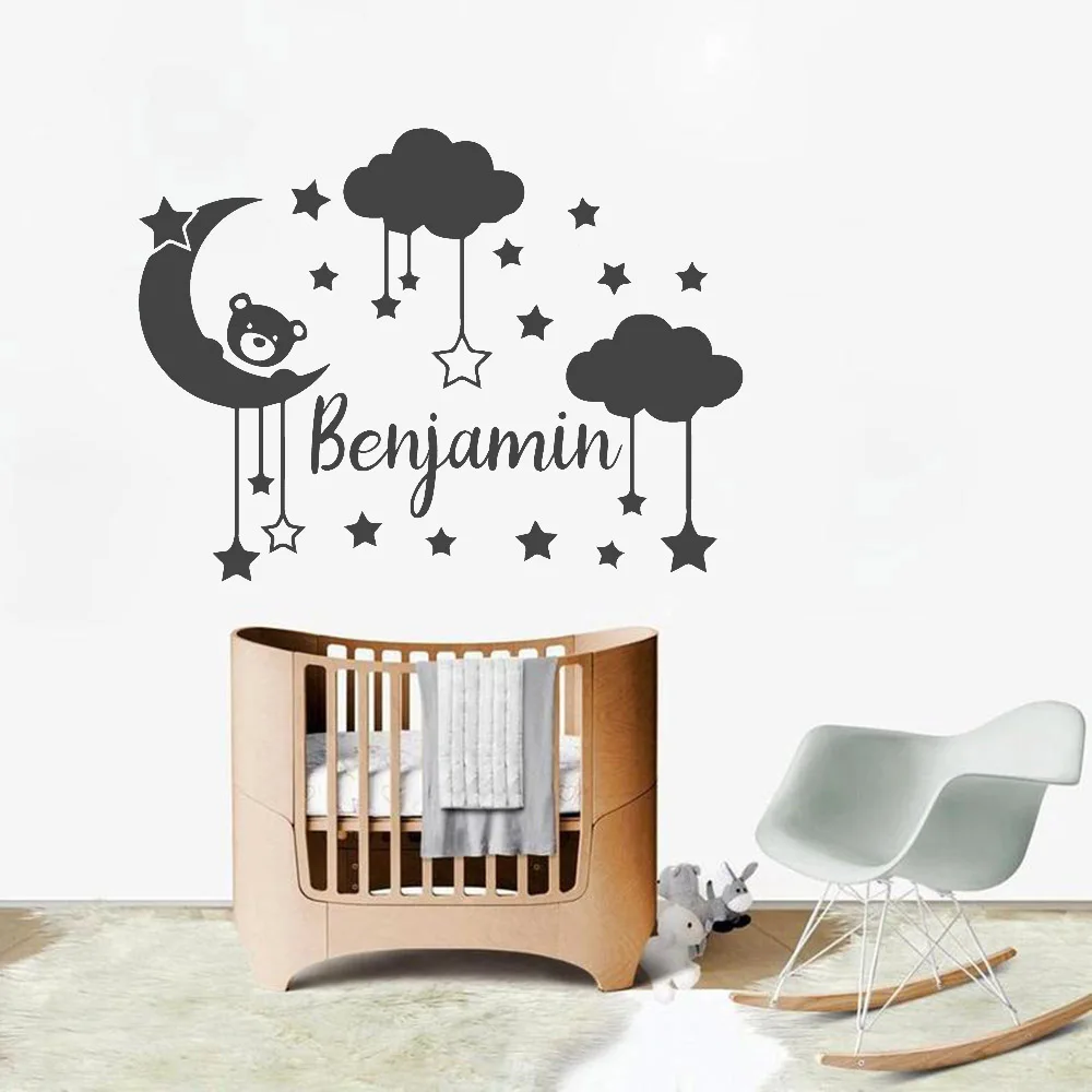 Personalized Wall Decals Custom Name Moon Clouds Stars With A Lovely Bear Decor Nursery Children Bedroom Vinyl Wall Sticker Y452