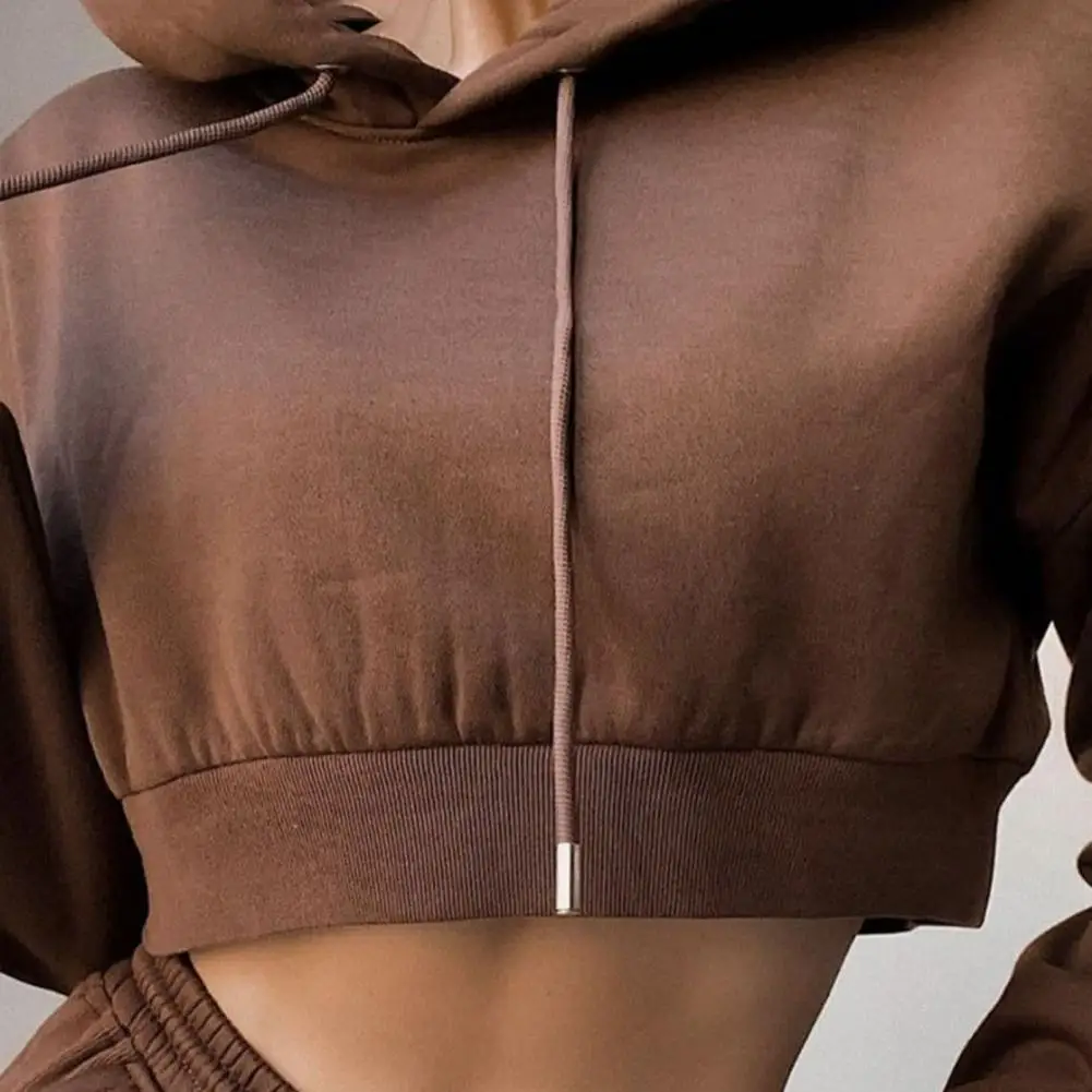 Conjunto de sudadera con capucha y pantalones para mujer, chándal Sexy de manga larga con cordón, Top corto con bolsillos, ropa deportiva, color