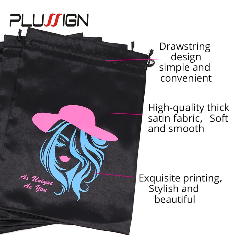 Plussign Satin Bags For Packageing Hair Big 10*14 Inch For Long Hair Extension And Wigs Satin Drawstring Bag 3Pcs Black Color