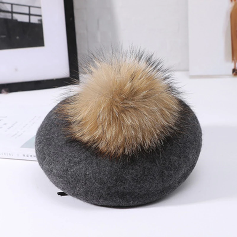 VISROVER New Unisex 100% Wool Winter Beret Solid fur Pompom Autumn Hat Winter Cap Spring Punk Beret Hat Real Fur Beret Wholesale