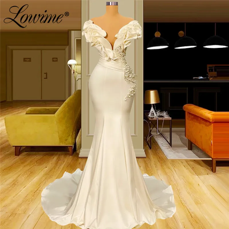 Lowime-Vestido largo de fiesta de sirena para mujer, traje Formal de satén con perlas simples, hecho a medida, estilo árabe Dubái, 2022