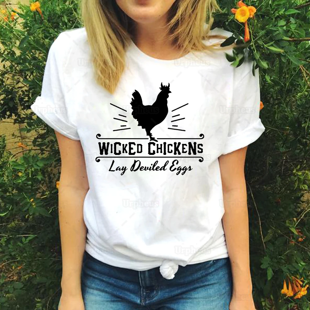 100% Cotton Funny Chicken Shirt Wicked Chickens Lay Deviled Eggs Shirt Chicken Lady Farm Girl Tshirt