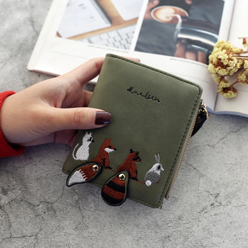 

New Leather Wallet Women's Cartoon Cat Cute Fox Raccoon Short Wallets Girl's Credit Card Holder Hasp Zipper Coin Purse