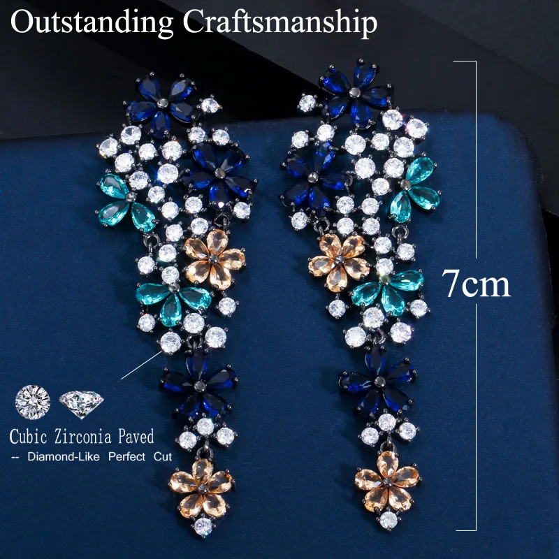 CWWZircons Lange Blumen-Ohrringe mit mehrfarbigem blauem Zirkonia für Damen, modischer Statement-Schmuck für Hochzeit und Party, Großhandel E0382 – Detail 1