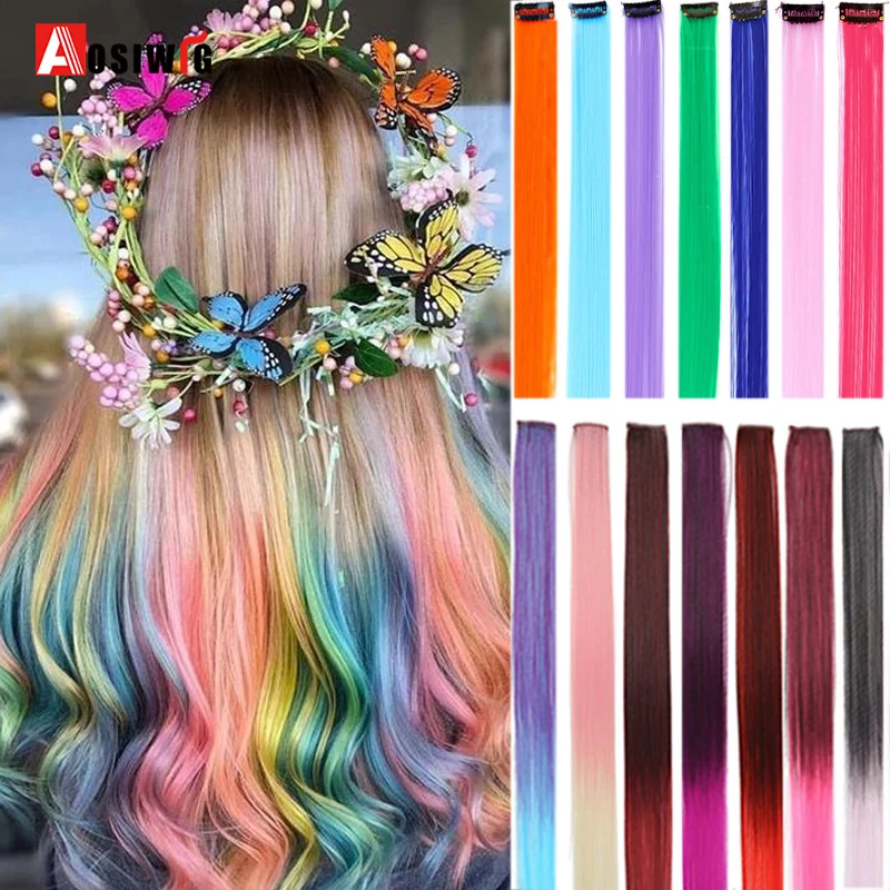 AOSI Gefälschte Haar Extensions Highlight Farbige Stränge Von Haar Auf Haarnadeln Synthetische Natürliche Haar Extensions Clip Haarteil Regenbogen