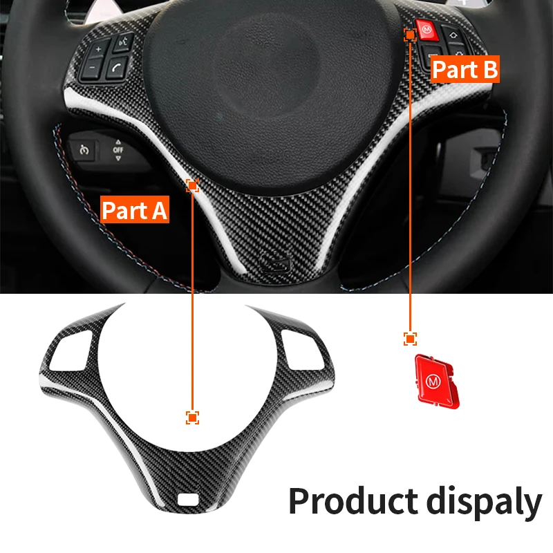 

For BMW 3 Series M3 M Sport 2007-2013 Car Carbon Fiber Steering Wheel Panel W/ Hole Trim Cover Sticker & Red M Sport Button Key