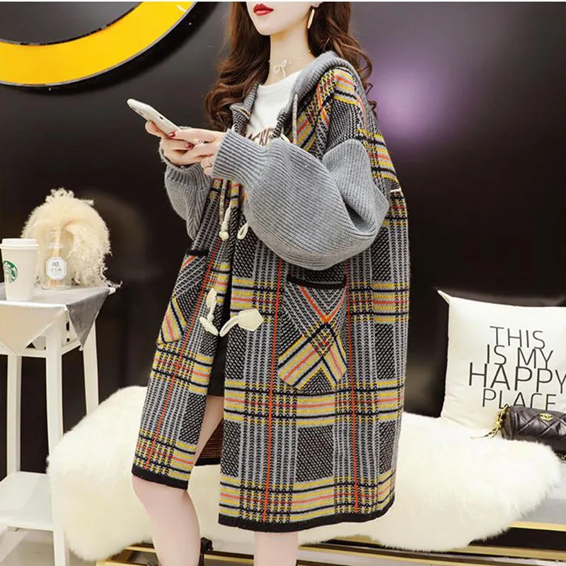 Women Sweater And Cardigan New Female Spring Autumn Retro lattice Knitting Cardigan Ladies Fashion Sweater Top B image 2