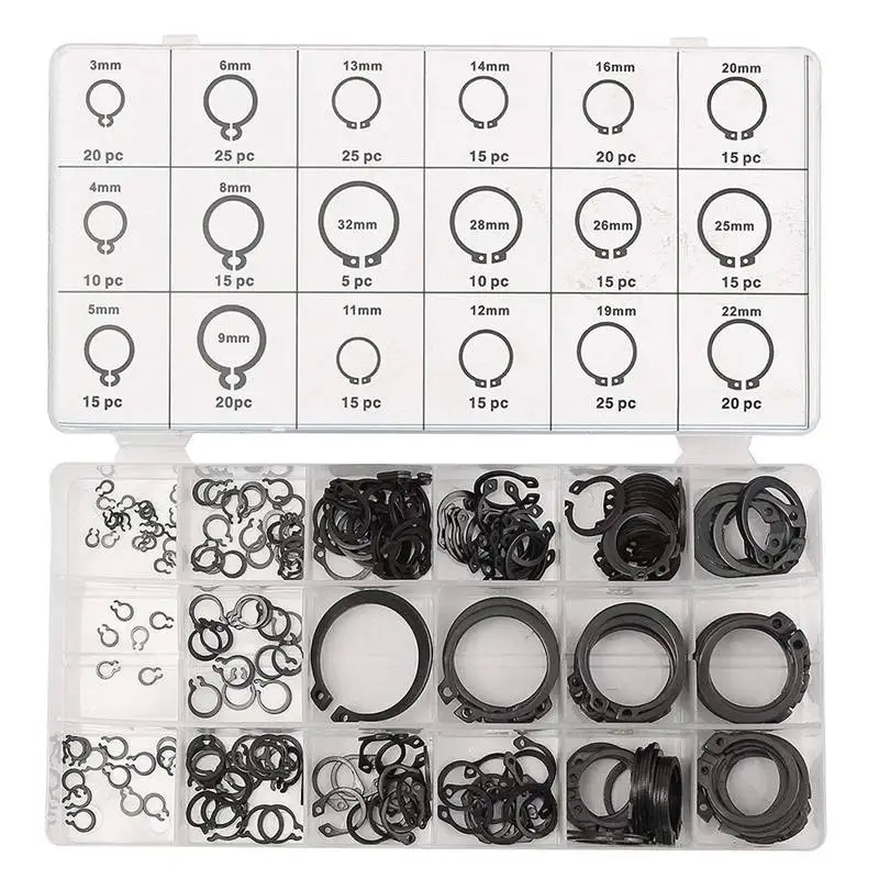 300 Piece C-Clips External Snap Ring Black Washer Hardware Cir Clip Retaining Ring Set For Industrial Fasteners 18 Sizes