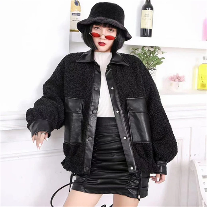 New Autumn women\'s PU leather stitching imitation lamb fur loose jacket short girl warm rider jacket artificial fur coat winter