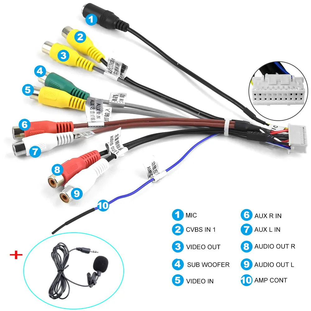 Podofo Android radio Car Accessories RCA Output Wire External microphone Adapter universal cable For 2 din Car Radio RCA Output