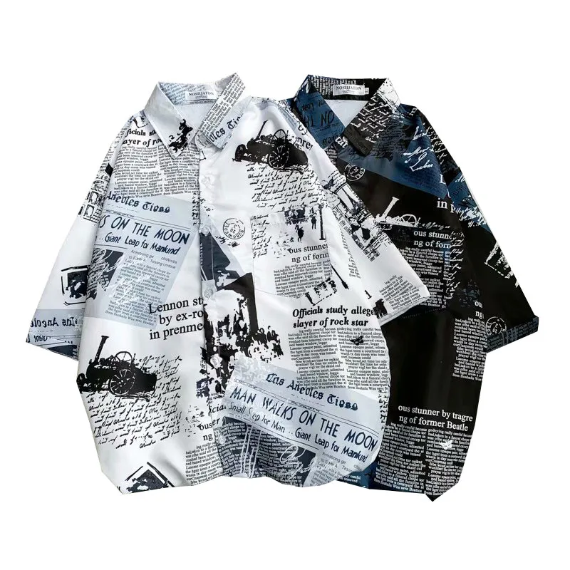 Newspaper Printed Hawaiian Beach Shirt for Men 2020 Summer Short Sleeve 3XL Aloha Shirts Mens Holiday Vacation Clothing Chemise