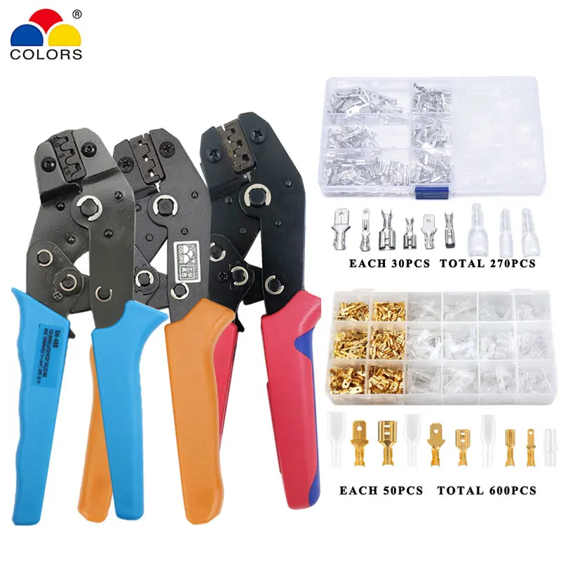 SN-48B Mini Hand Crimping Tool 0.15-1.5mm2 Adjustable Crimper Pliers with 270/600pcs Cable Lugs Assortment Kit Wire Crimp Set