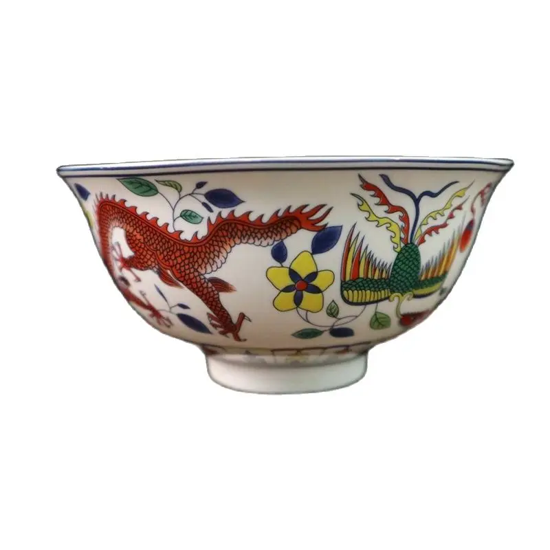 Chinese Old Porcelain Pastel Painting Dragon And Phoenix Pattern Bowl