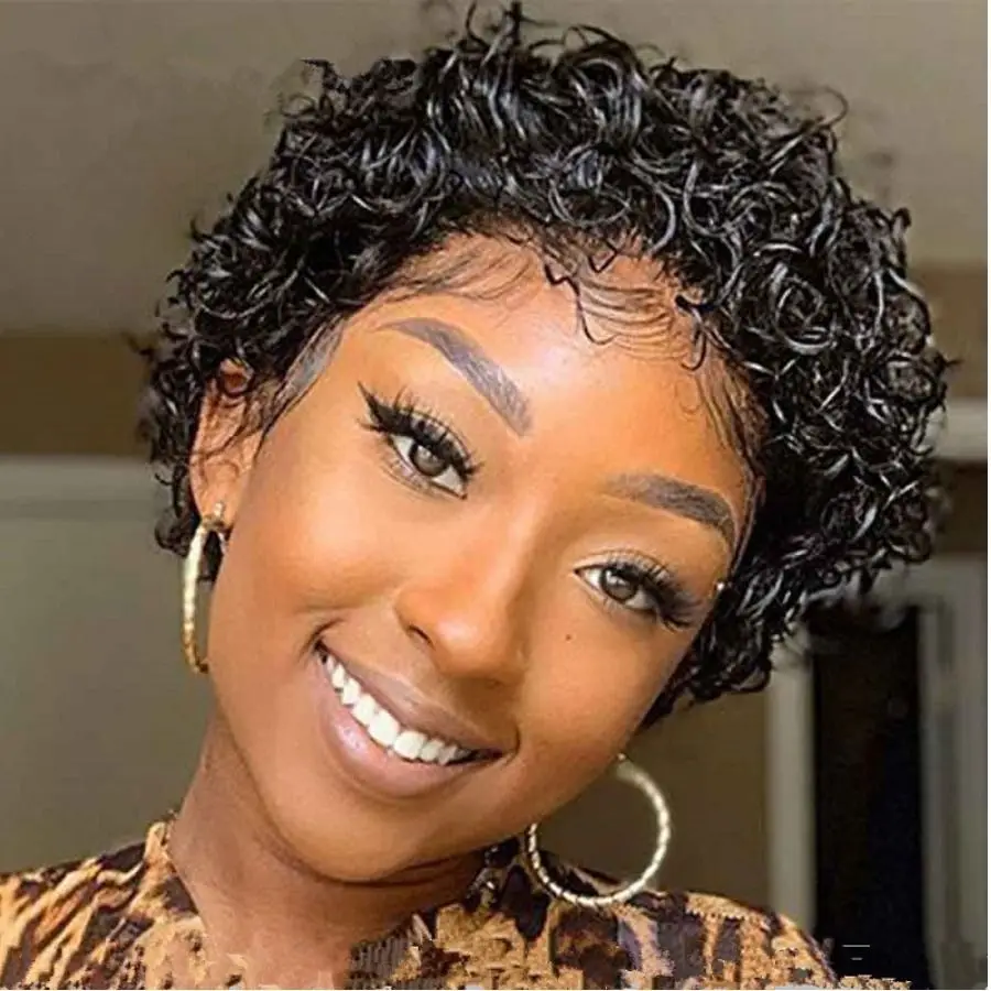 

100% Human Hair Short Jerry Curly Wig Afro Curly Piexie Cut Full Machine Wig for Women African Americans Natural Black