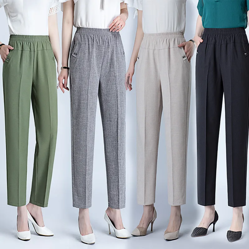 

Middle Aged Female Pants Summer Loose Cotton Linen Straight Pant Women Large Size Elastic Waist Thin Trousers