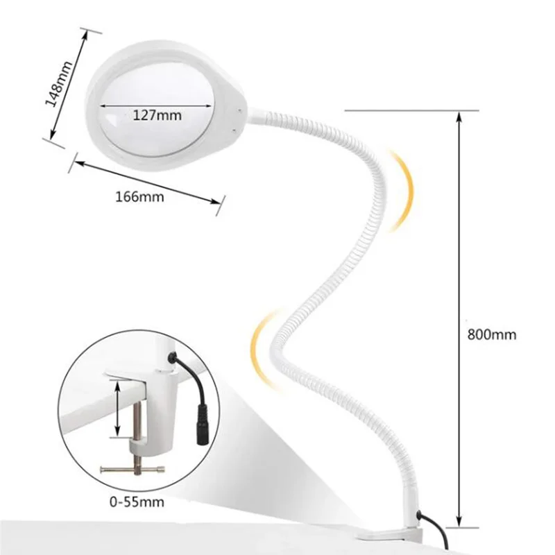 Lupa de brazo largo LED, lente óptica grande de 10x, brazo Flexible de aumento para inspección de PCB, belleza, Facial, lupa de 10x
