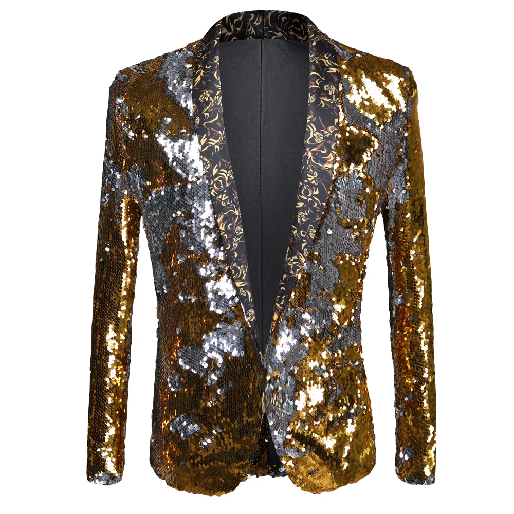 Shiny yellow Flipping Sequin Bazer Jacket Men Nightclub Prom Suit Blazer Men Wedding Groom Stage Singer Suit Jacket CostumeHomme